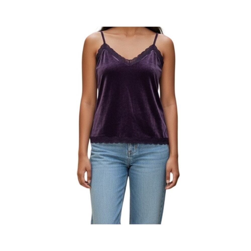 Coldwater Creek Purple Velvet tank top Size Large Lace Trim